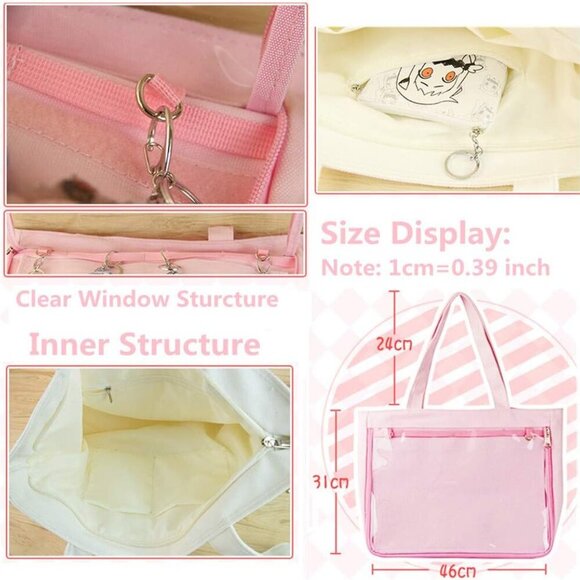 Red PVC Canvas Tote Bag Clear Window for Pins & DIY Customization Women - Picture 4 of 6